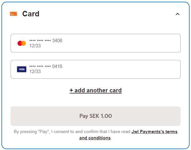 payment menu with two previously stored cards
