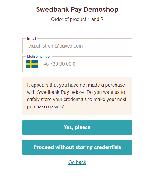 screenshot of asking the payer to store details