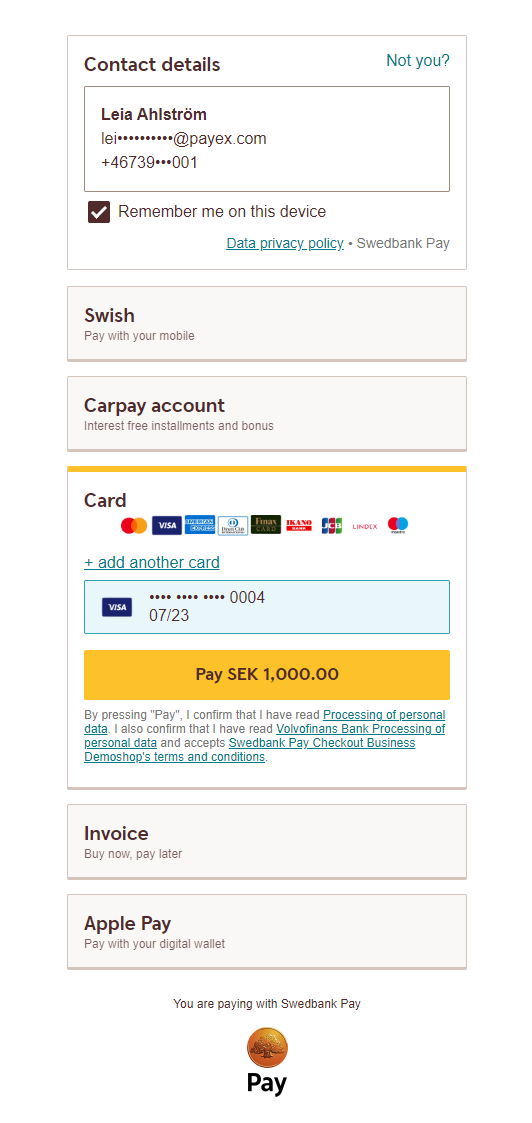 screenshot of the business implementation seamless view payment menu mixed
