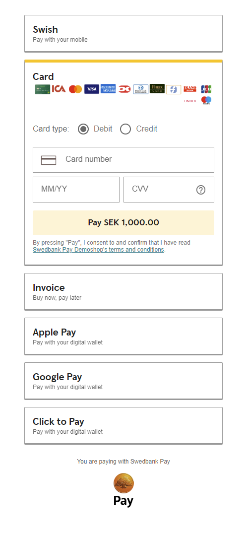 screenshot of the starter implementation seamless view payment menu
