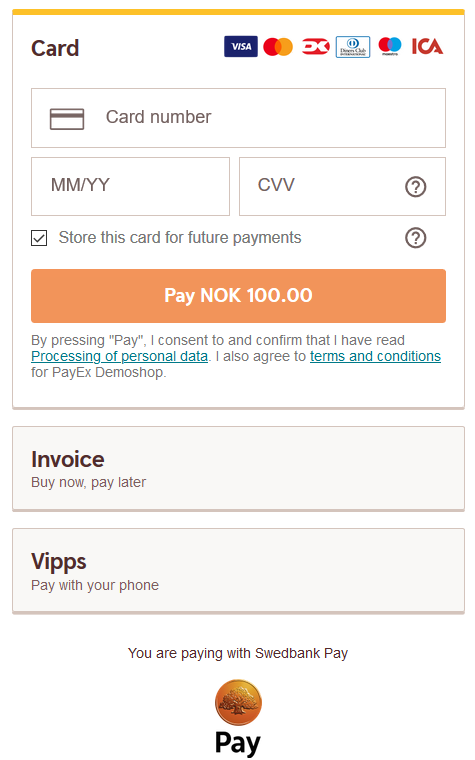 Payment Menu with payer logged in and card payment opened