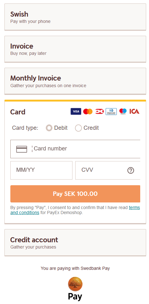 Payment Menu with swedish guest payer and card payment opened