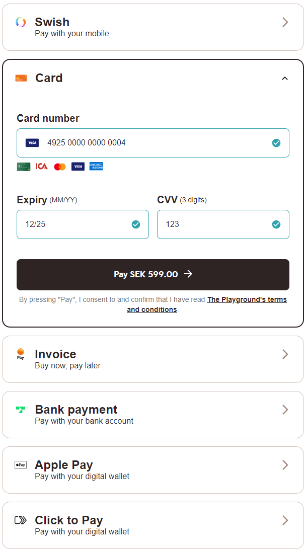 screenshot of the enterprise implementation seamless view payment menu
